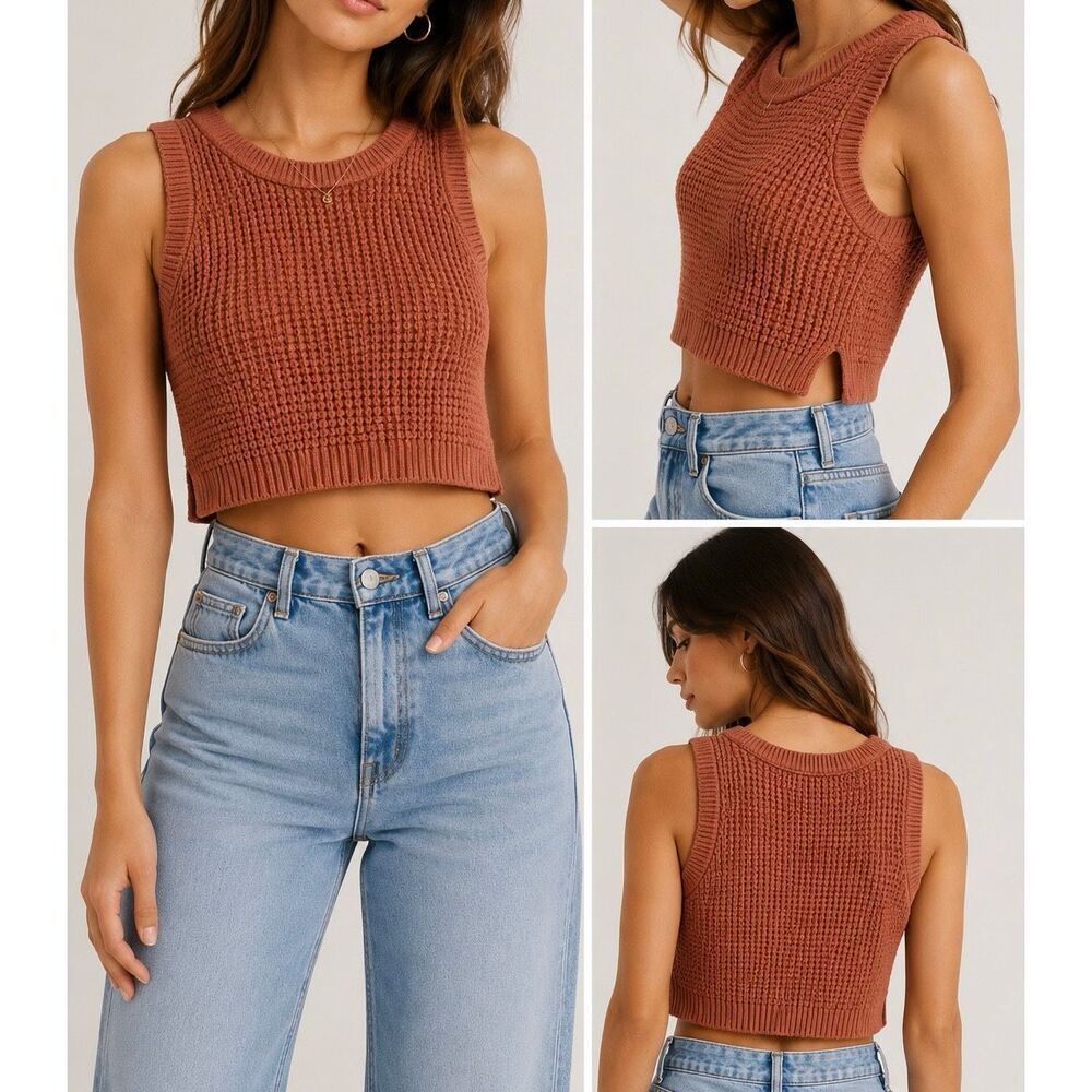 Lulus Rust Waffle Knit Crop Sweater Tank Top Large Boho Casual